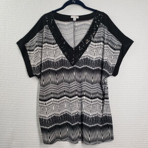 Fashion Bug Blouse Womens 1X Black White Sequin Beaded Y2K Dolman Sleeve Boho